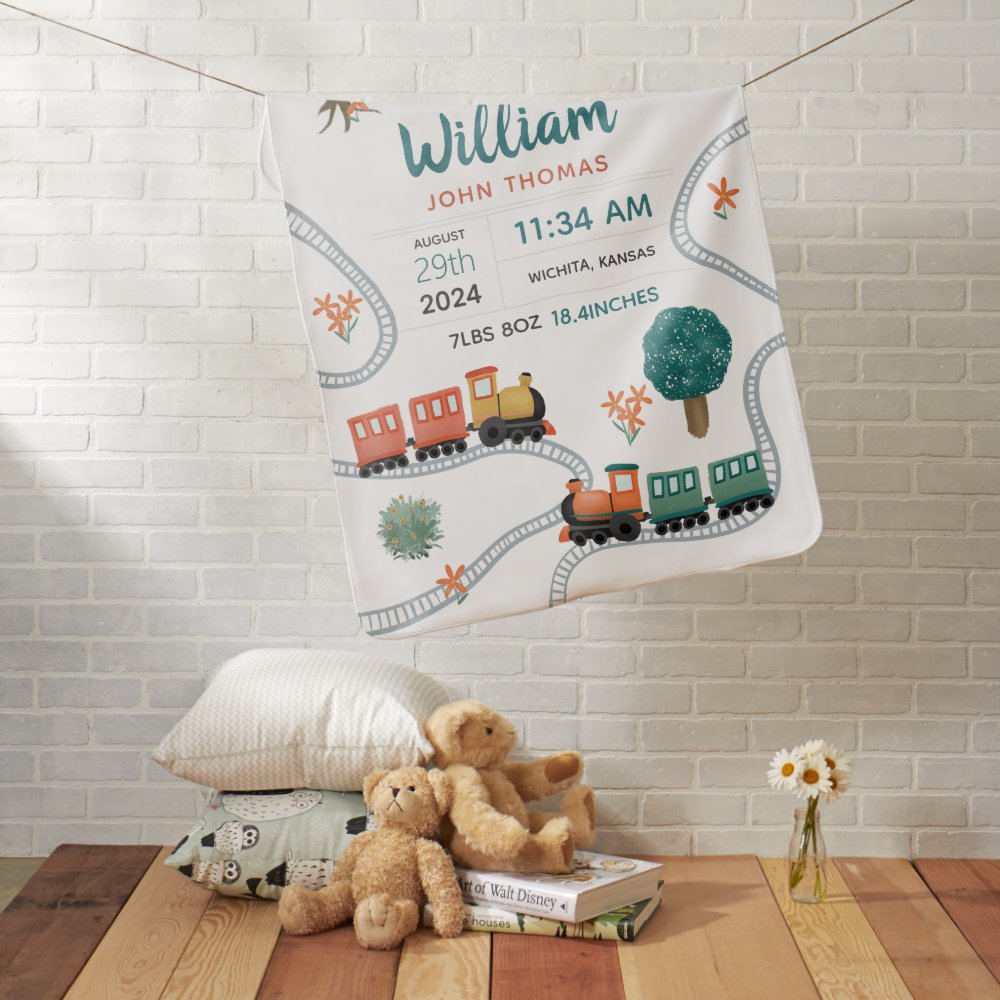 Boys Cute Train Travel Keepsake Birth Stats Baby Blanket