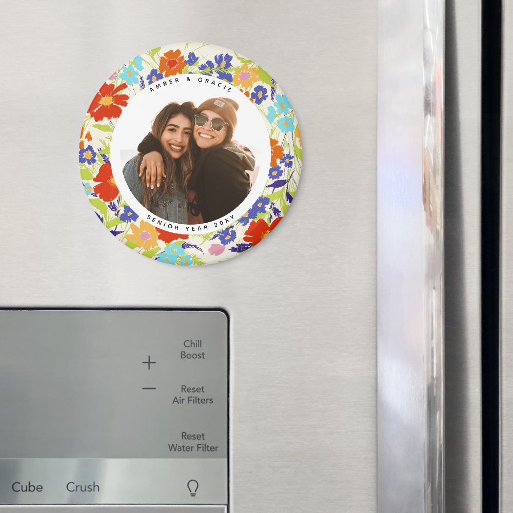 Round Photo Pretty Wildflower Frame with Text Magnet
