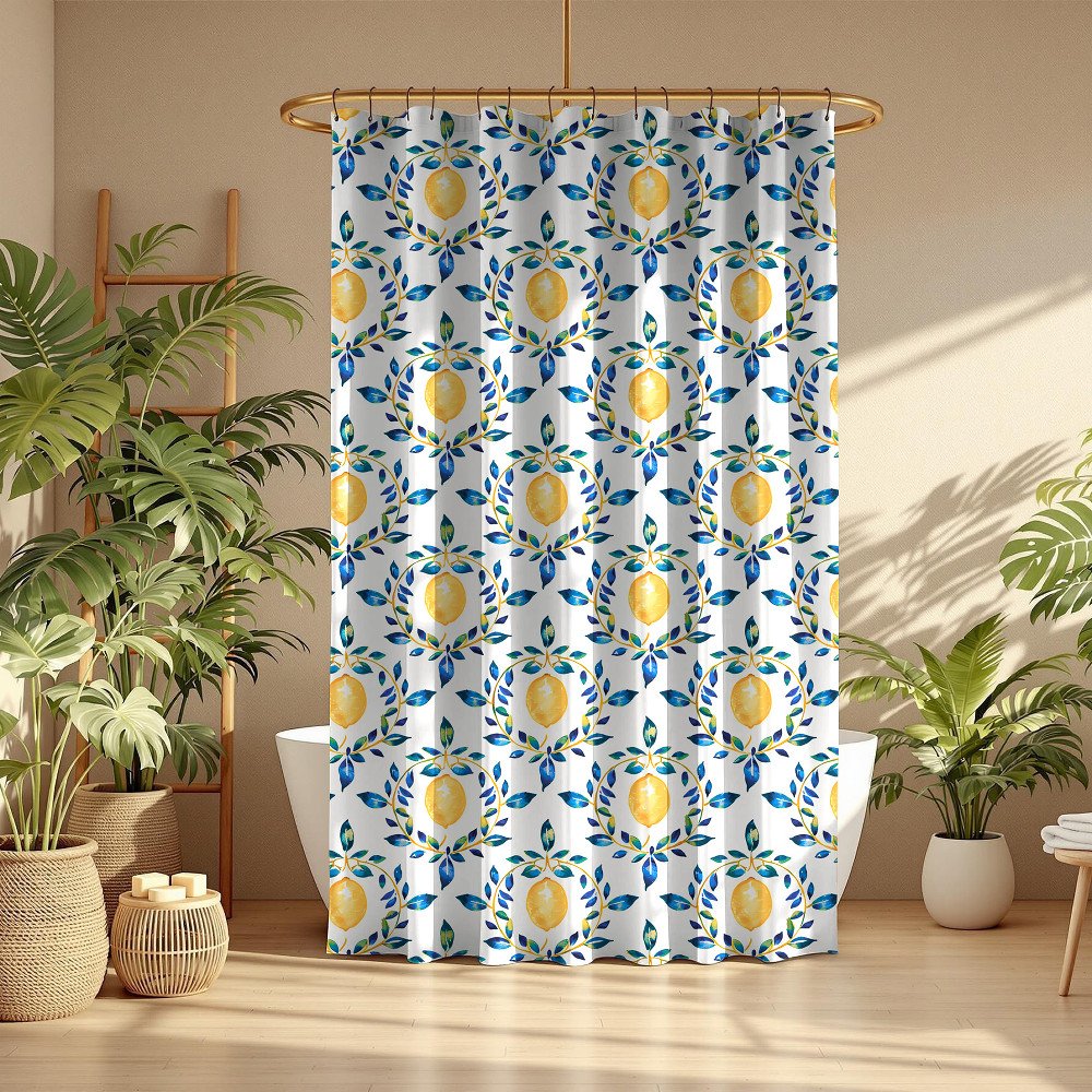 Mediterranean Blue and Yellow Lemon Botanical Shower Curtain
