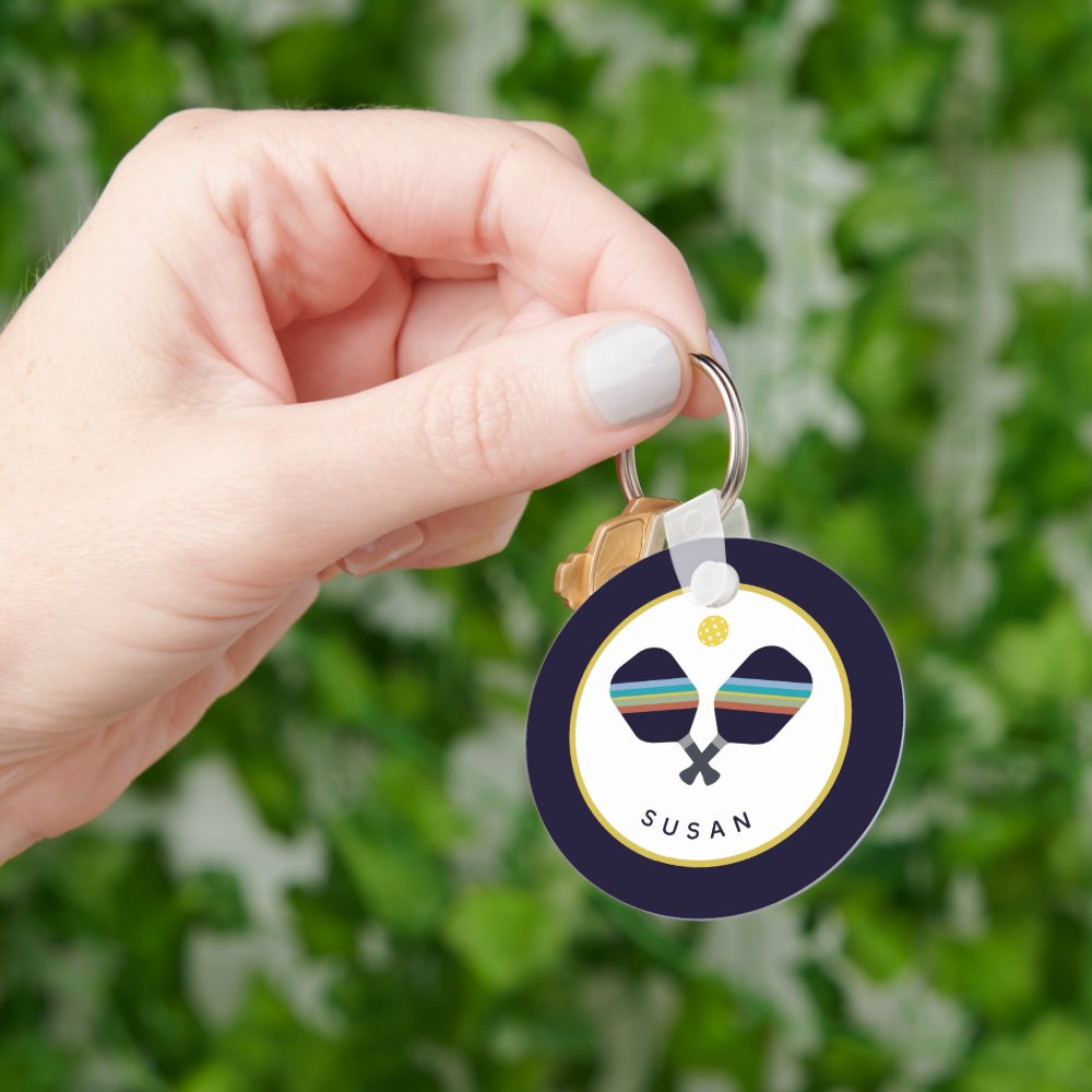 Pickleball Paddles Personalized Name Blue Yellow Keychain