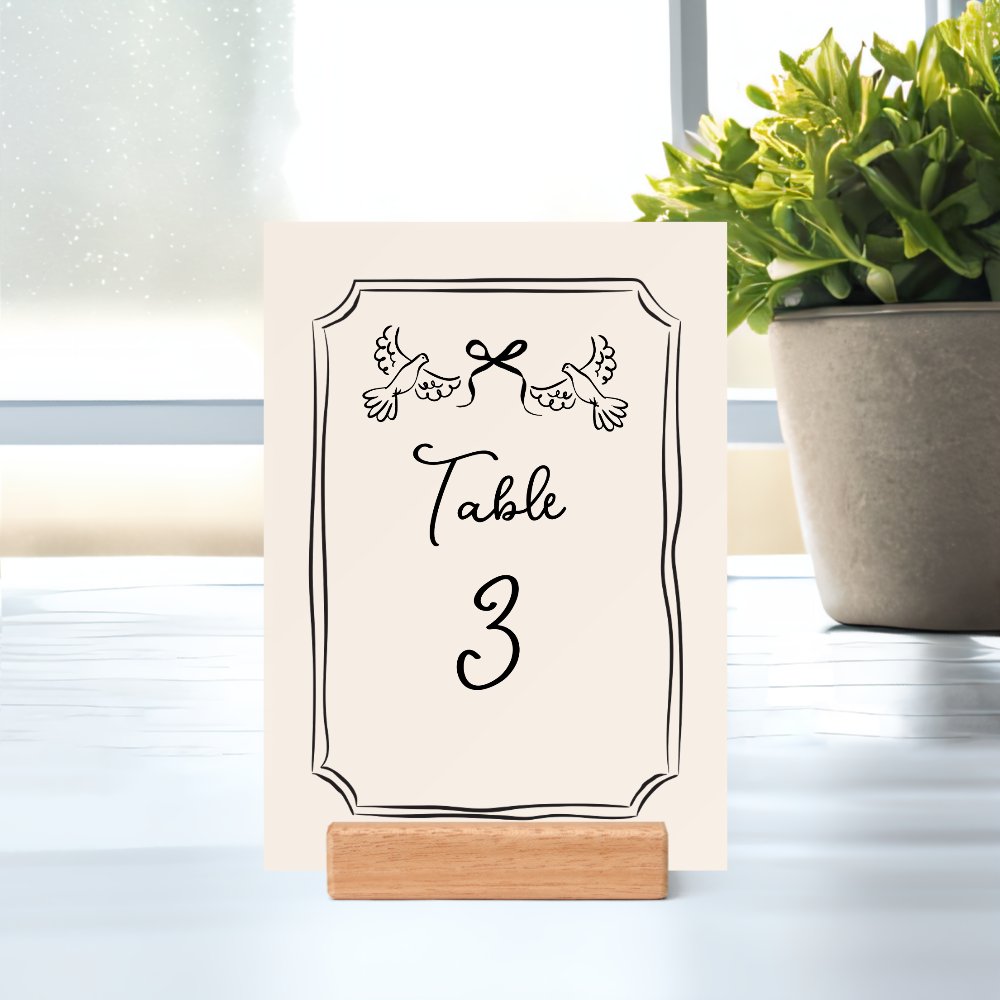 Minimal Hand-Drawn Doves Wedding Table Number Card Holder