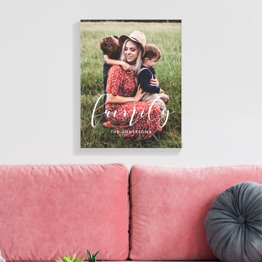 Family elegant calligraphy overlay photo canvas print