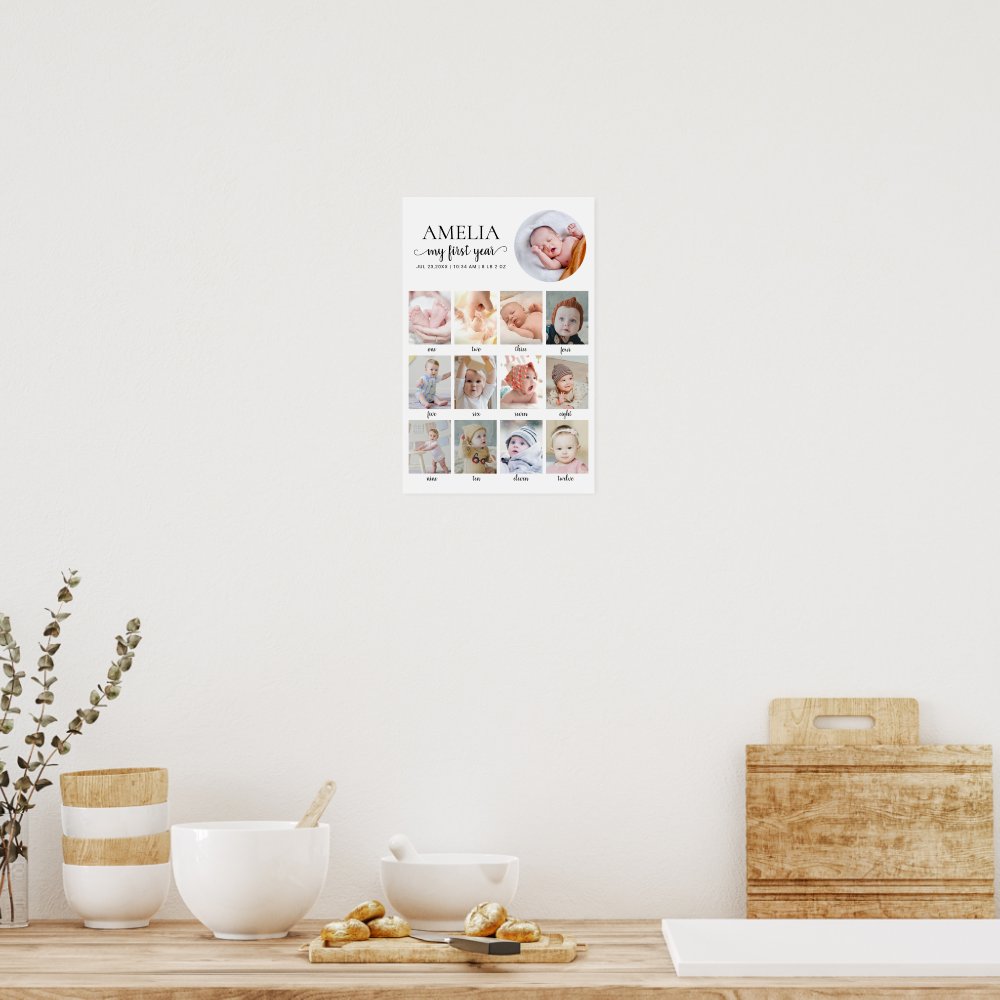 1st Birthday Baby Milestone 12 Months Custom Photo Poster