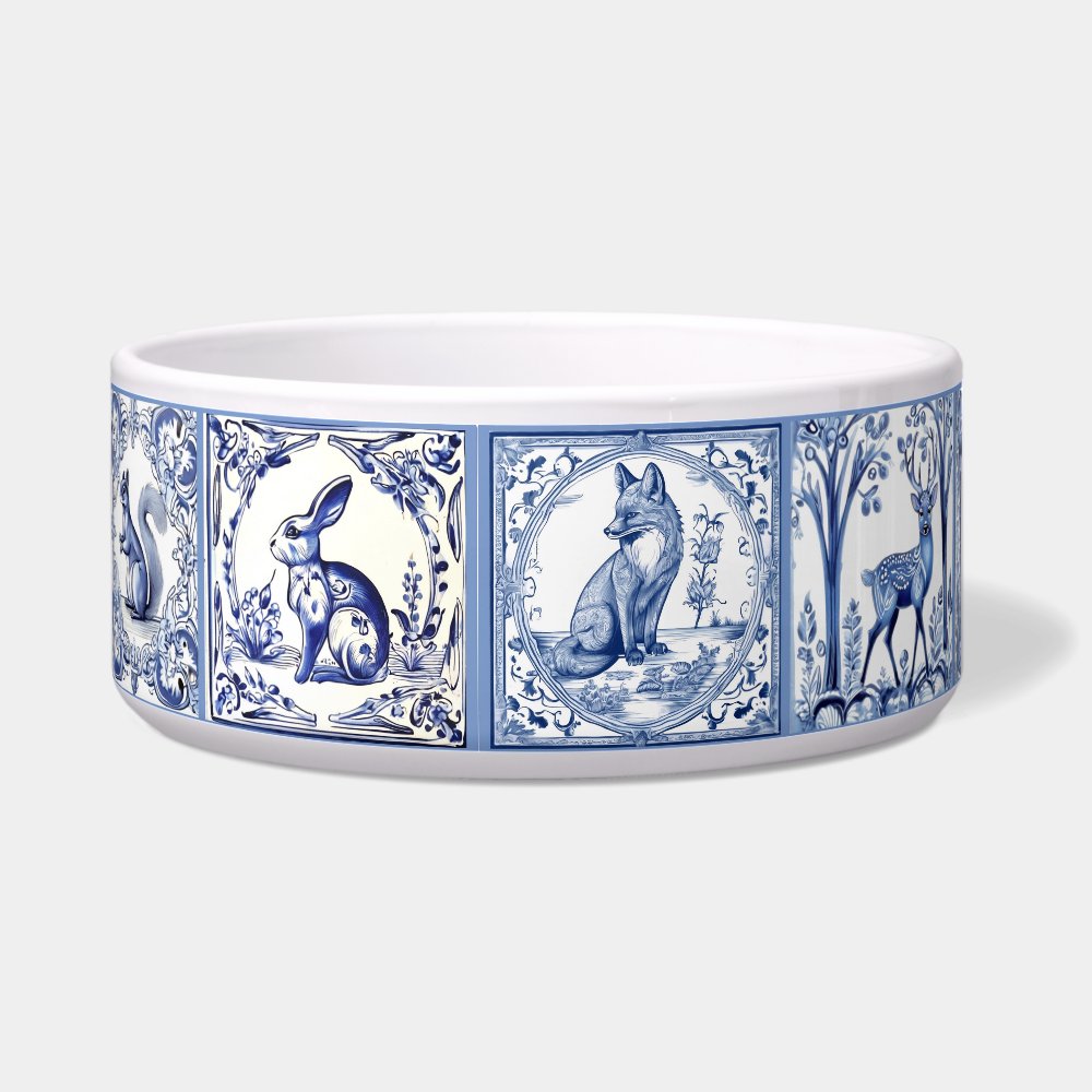 Blue and White Woodland Tiles Custom Pet Bowl