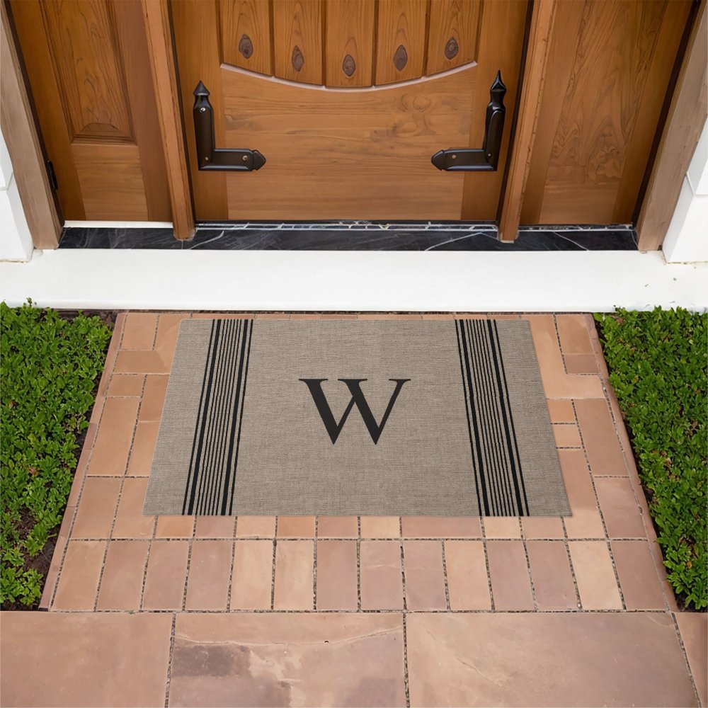 Rustic Burlap Farmhouse Ticking Stripe Monogram Doormat