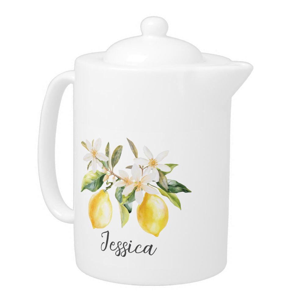 Monogram Lemon Fruits White Flowers Tree Branch Teapot