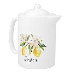 Monogram Lemon Fruits White Flowers Tree Branch Teapot