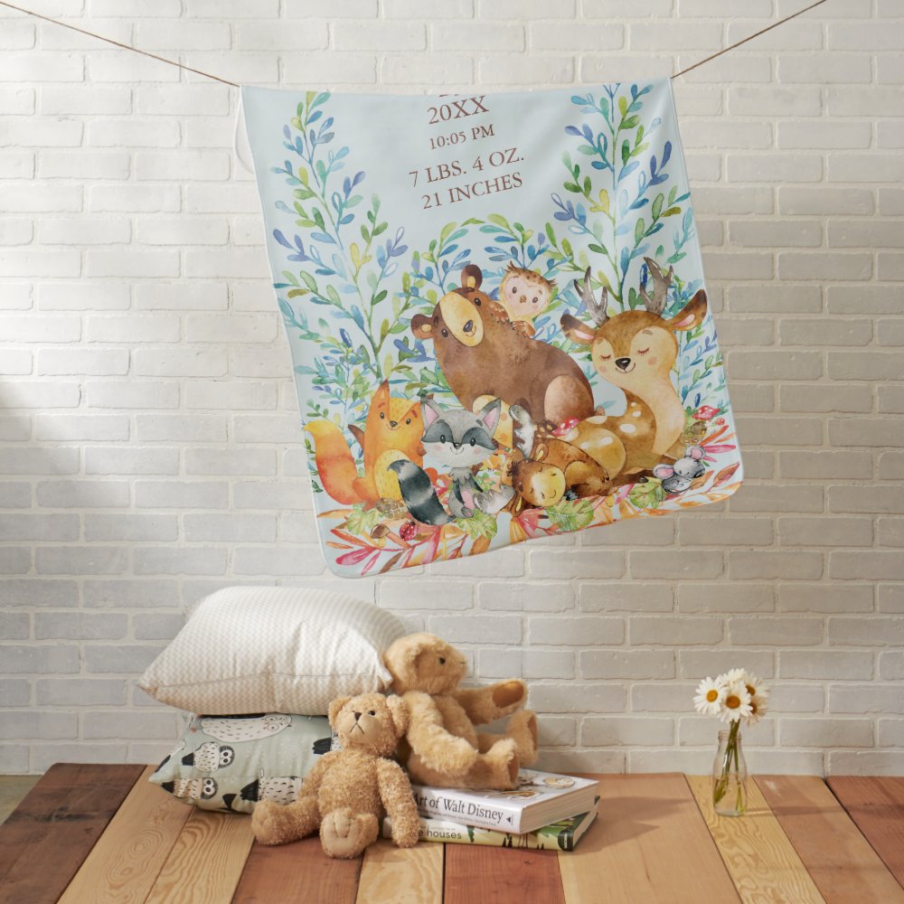 Woodland Animals Baby Boys Birth Stats Blanket