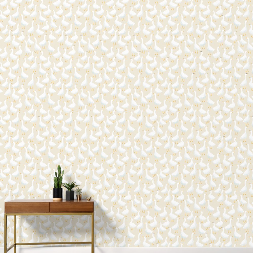 Whimsical Goose Pattern Soft Neutral Style Wallpaper
