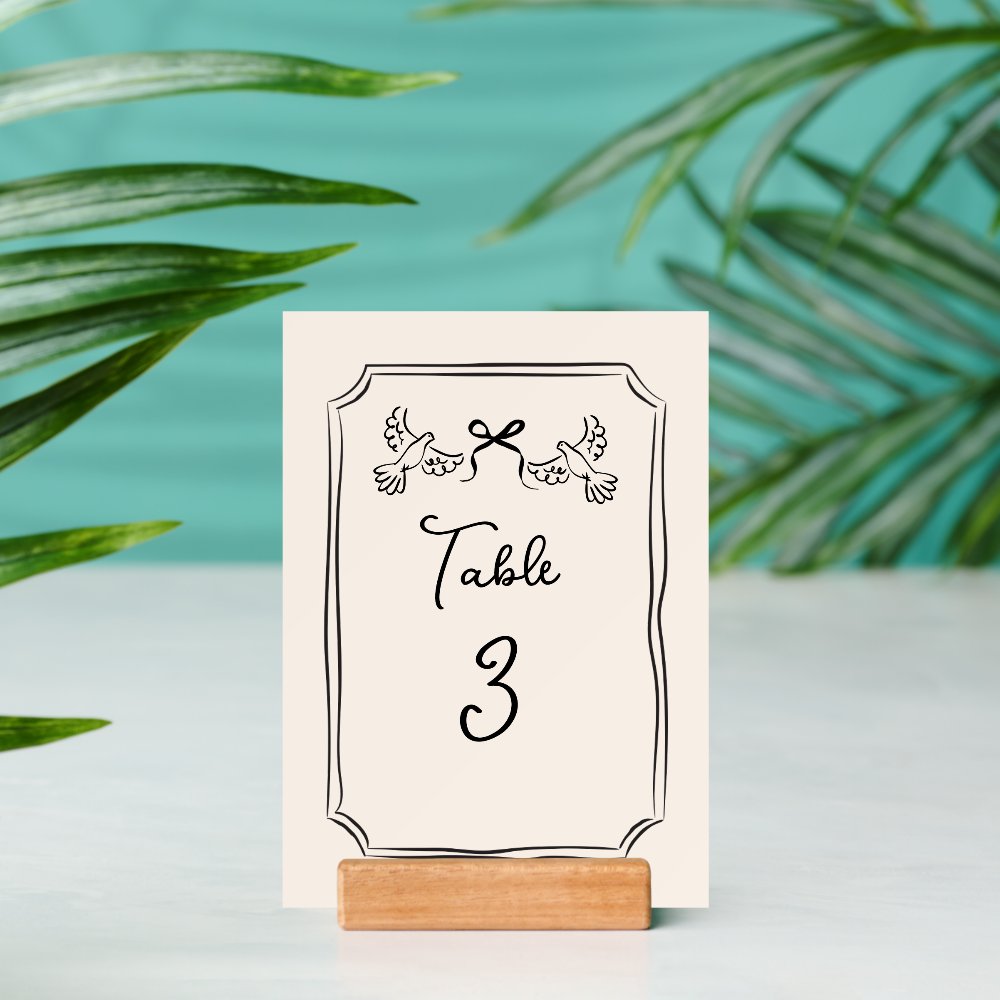 Minimal Hand-Drawn Doves Wedding Table Number Card Holder
