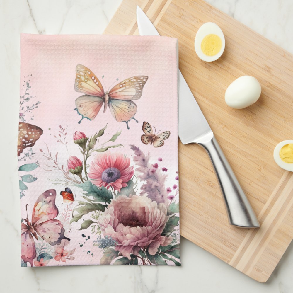 Modern Blush Pink Butterfly Wild Flower Family Kitchen Towel