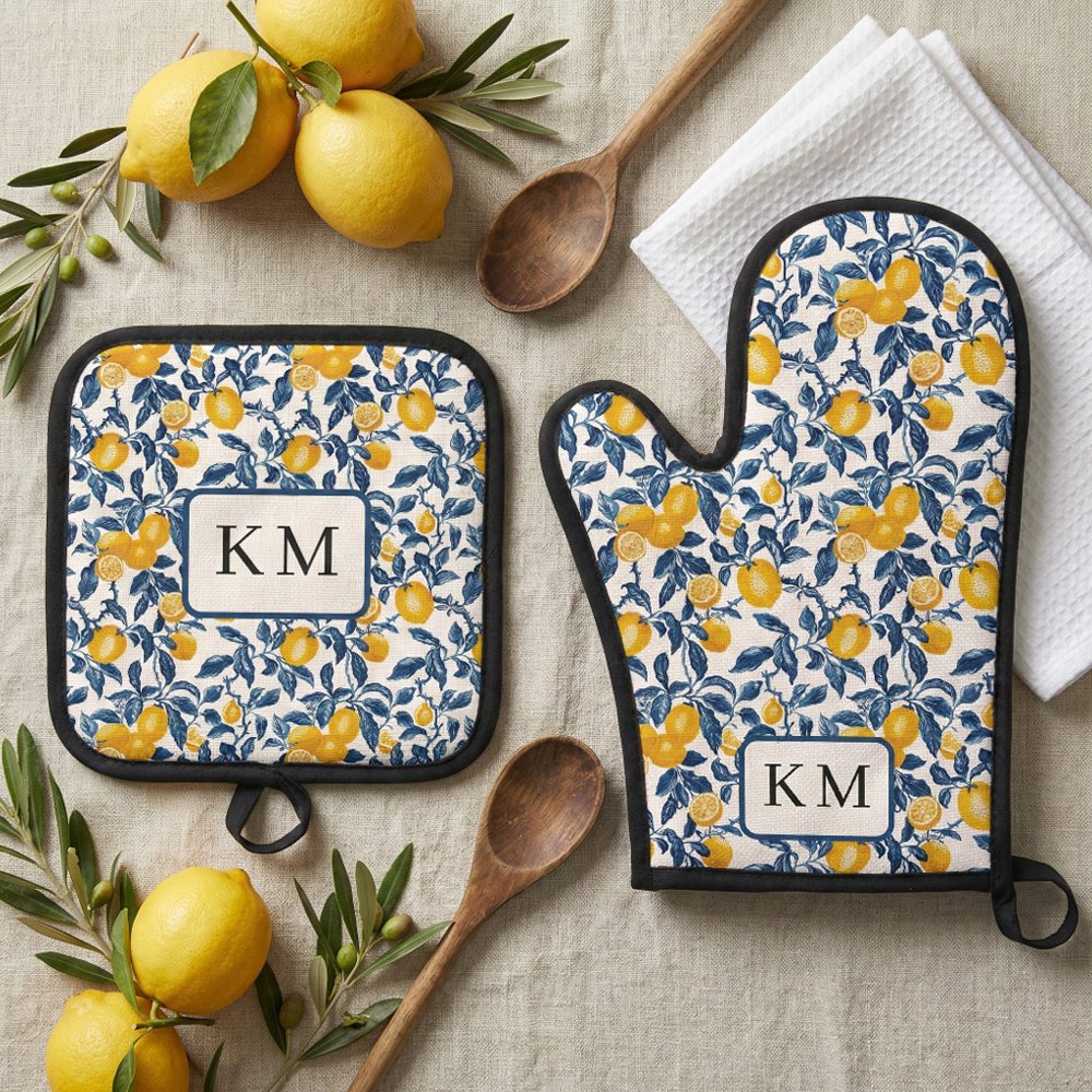 Personalized Mediterranean Lemon  Oven Mitt & Pot Holder Set