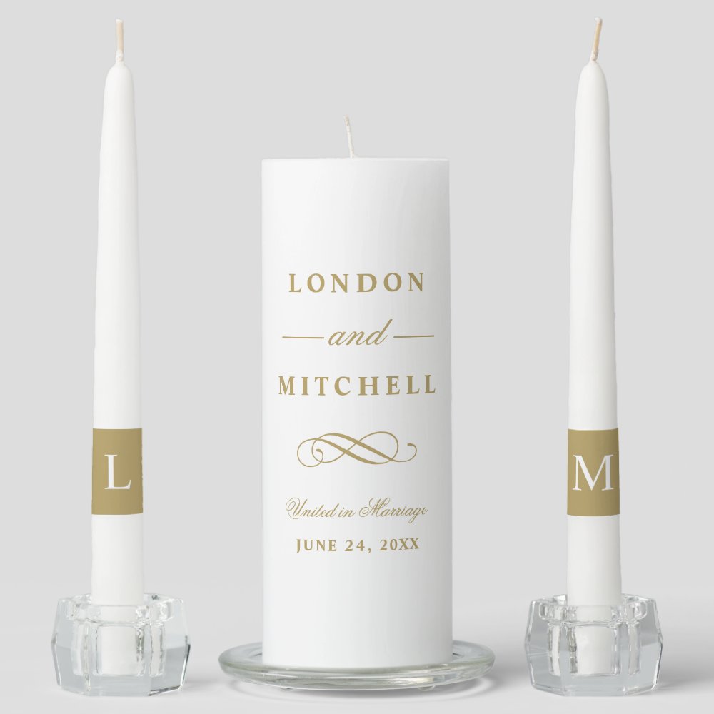 Classic Antique Gold Monogram Wedding Unity Candle Set