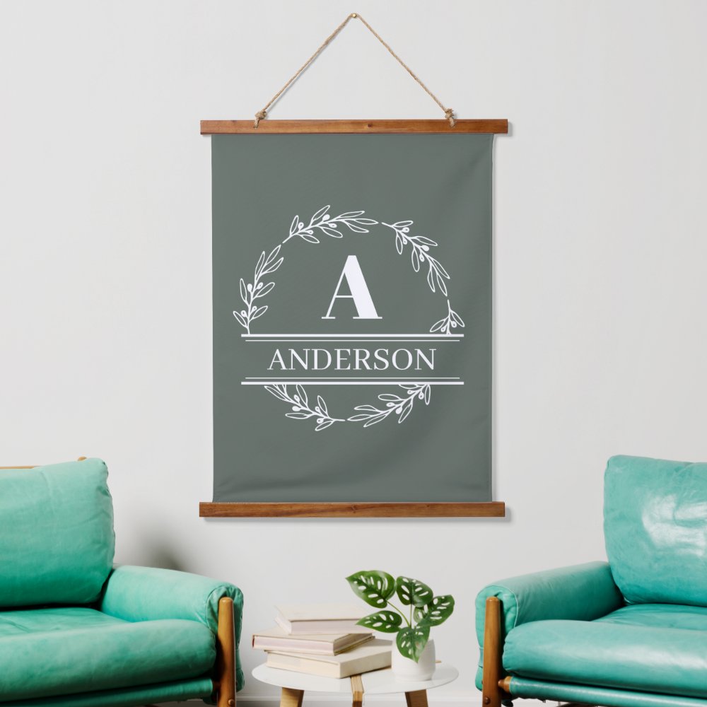 Sage Green Personalized Family Monogram Wall  Hanging Tapestry