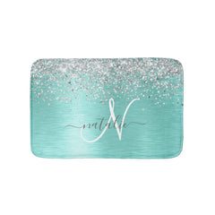 Teal Brushed Metal Silver Glitter Monogram Name Bath Mat