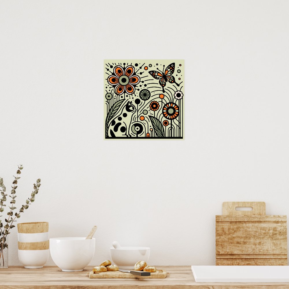 Whimsical Garden Harmony: Cat, Flowers, and Butter Poster