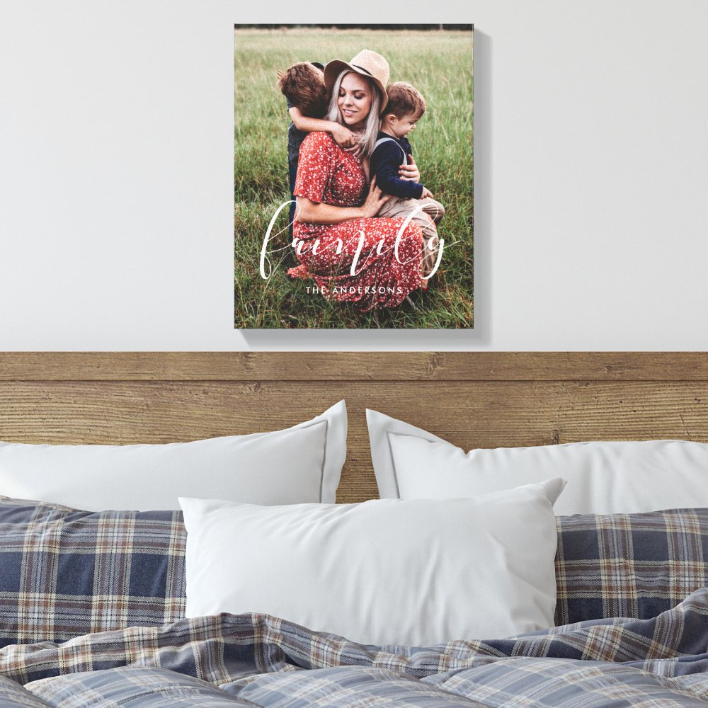 Family elegant calligraphy overlay photo canvas print