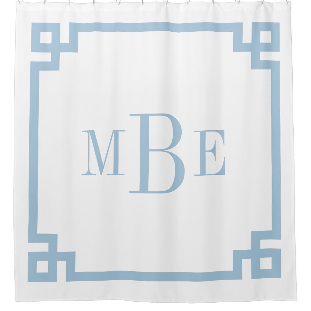 Sky Blue and White Greek Key | Monogrammed Shower Curtain