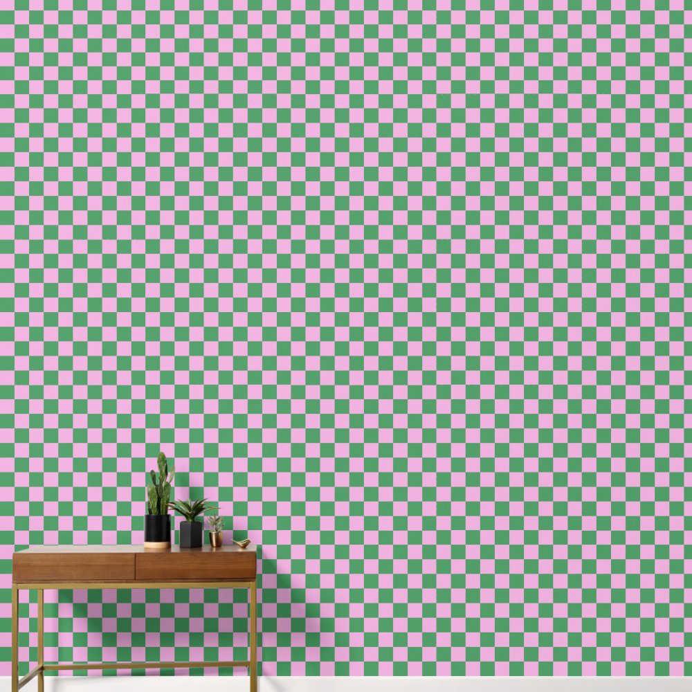 Preppy Retro Pink and Green Geometric Checkerboard Wallpaper