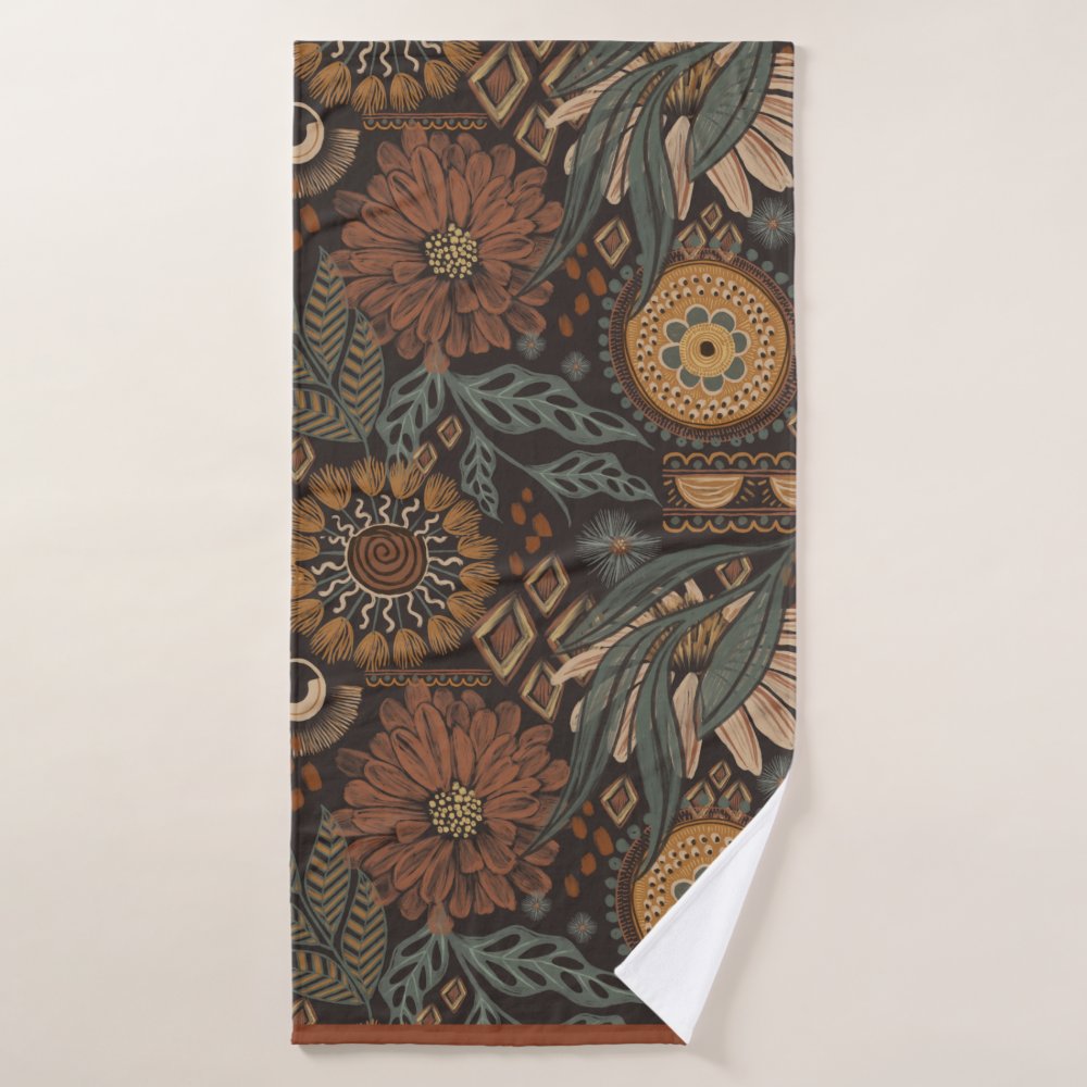 Dark Boho Terracotta Sage Botanical Pattern Bath Towel Set