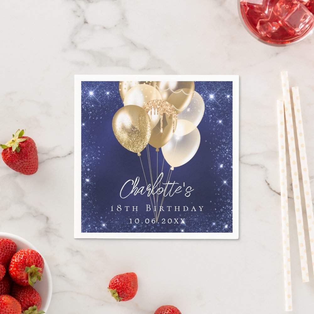 Birthday navy blue glitter gold balloons napkins