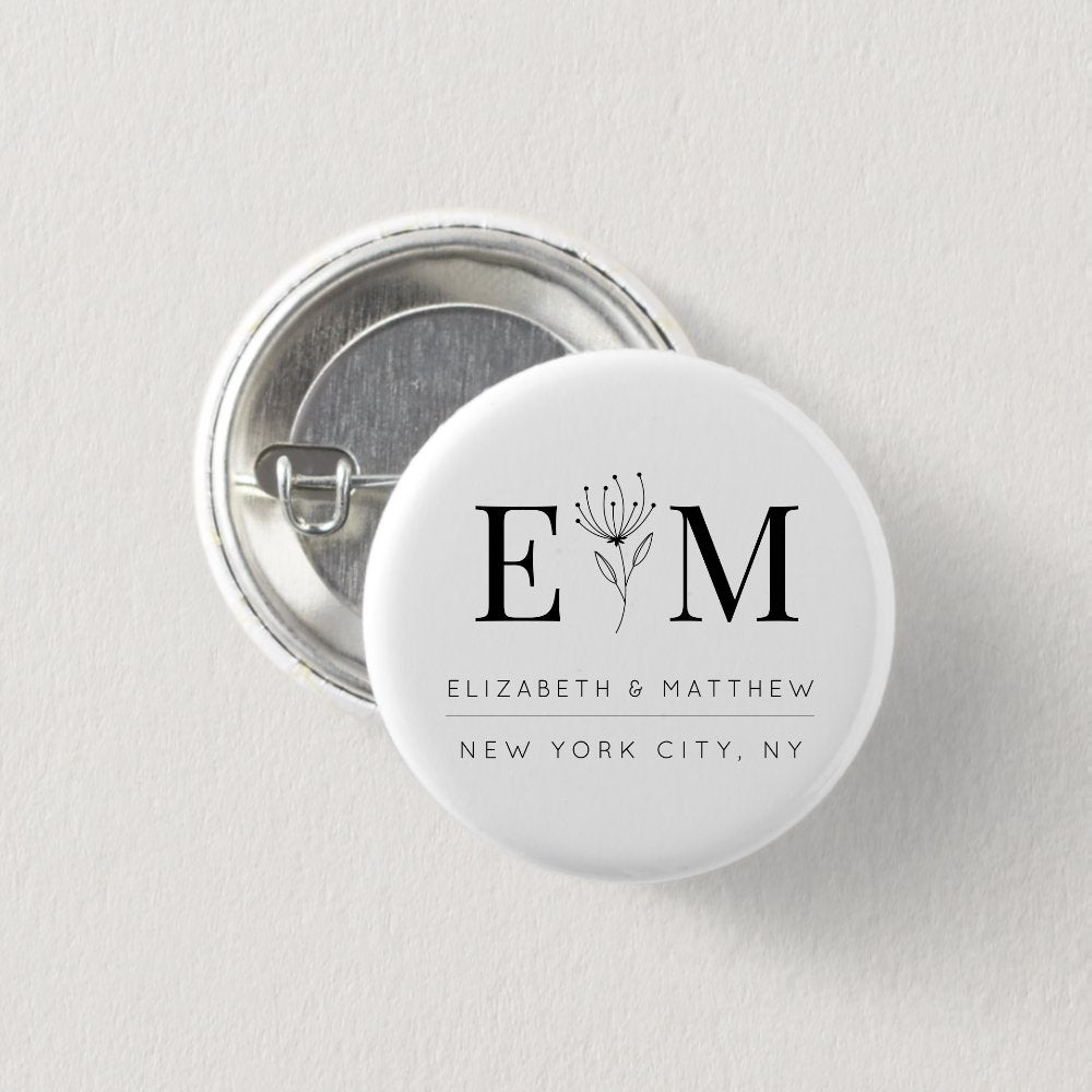 Wedding Elegant Chic Modern Monogram Foliage Button