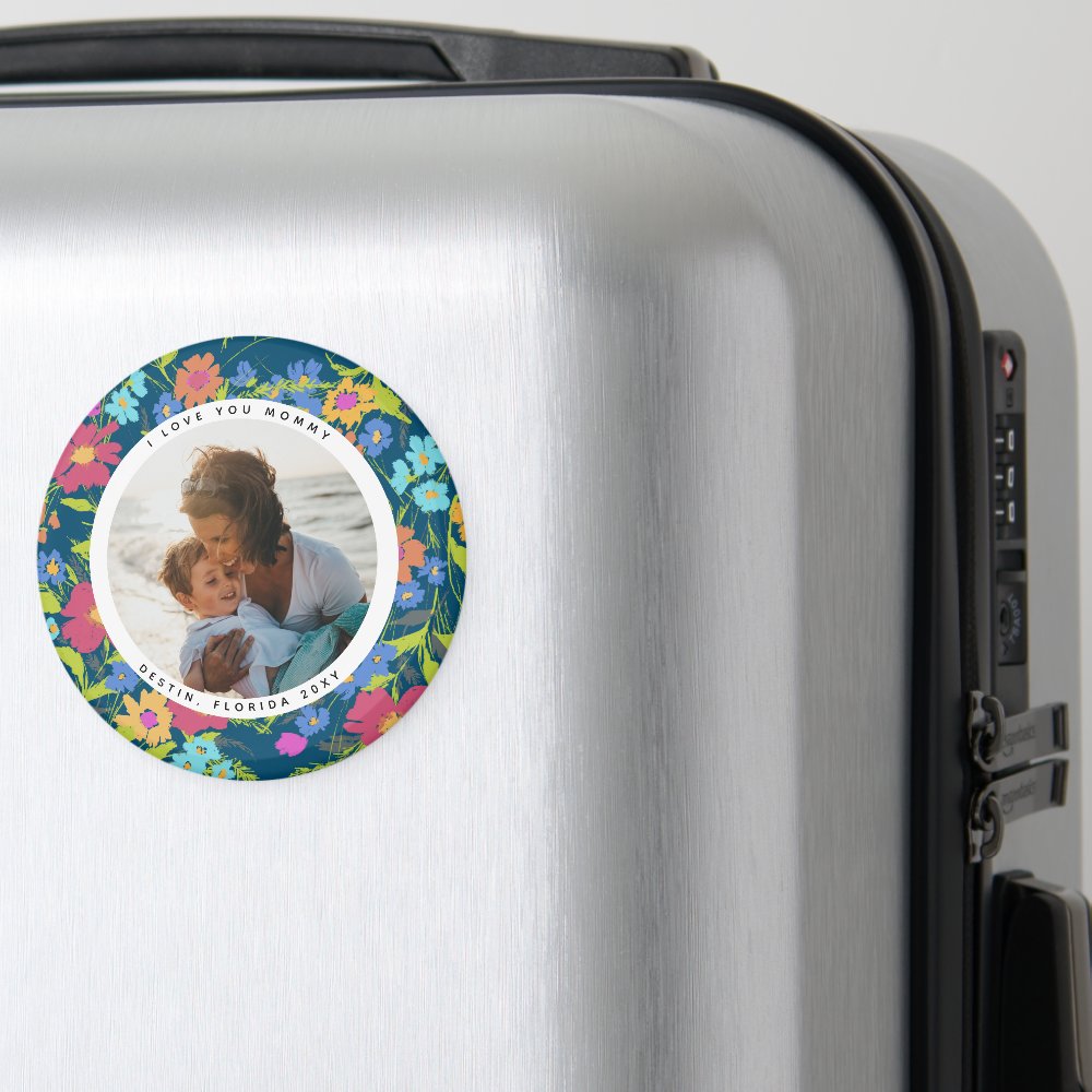 Round Photo Pretty Wildflower Frame with Text Magnet