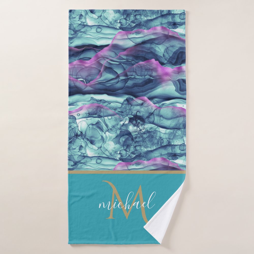 Turquoise Teal  Marble Agate & Monogram Bath Towel Set