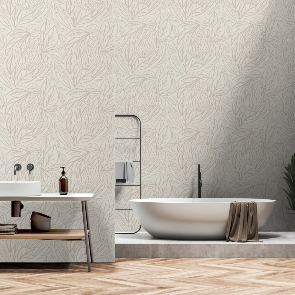 Japandi Line art leaves minimal neutral beige Wallpaper