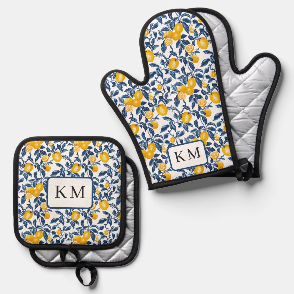 Personalized Mediterranean Lemon  Oven Mitt & Pot Holder Set
