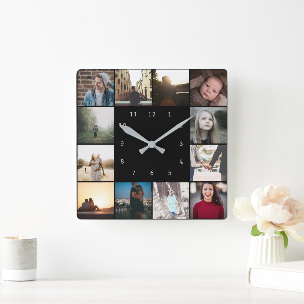 DIY Personalized 12 Photo Collage Template Square Wall Clock