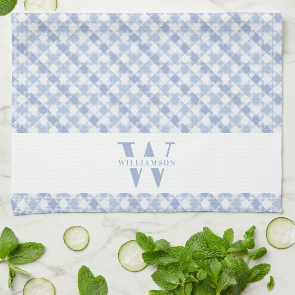 Modern Rustic Family Monogram Blue Gingham Plaid Kitchen Towel