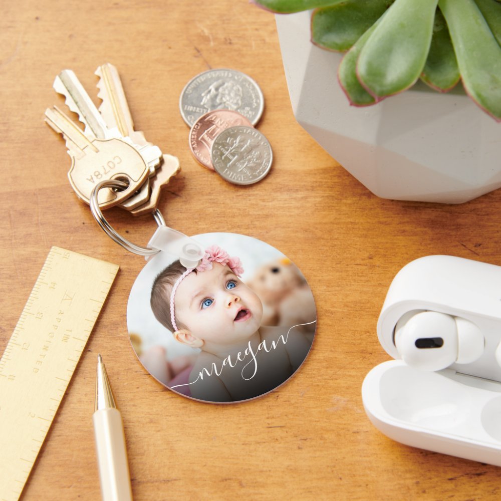 Custom Baby Photo Name Handwriting Script Keychain