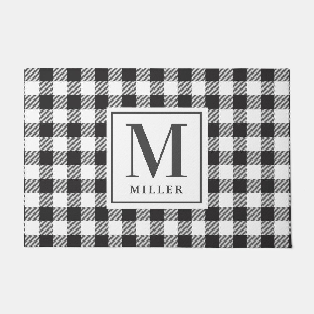 Modern Farmhouse Black Buffalo Plaid Monogrammed Doormat