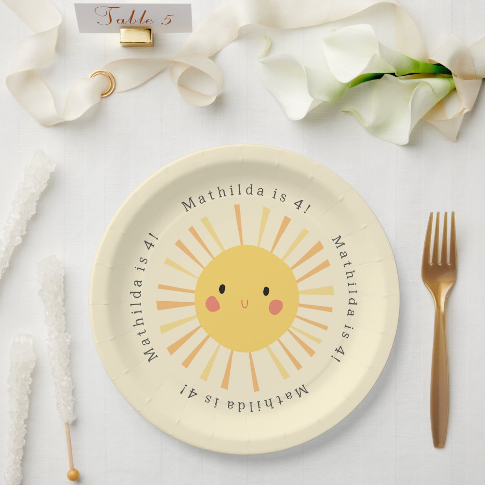 Cute yellow sunshine illustration birthday party paper plates