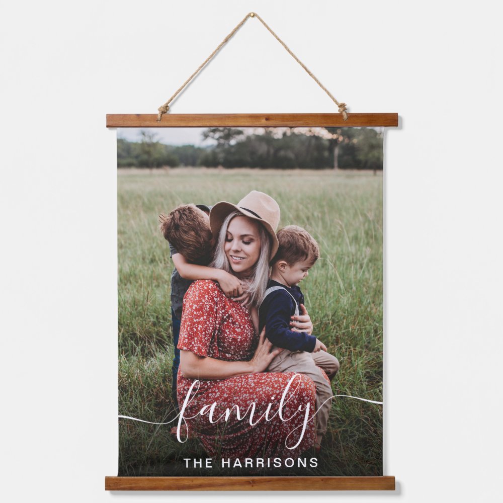 Family White Script Photo Overlay Monogram Hanging Tapestry