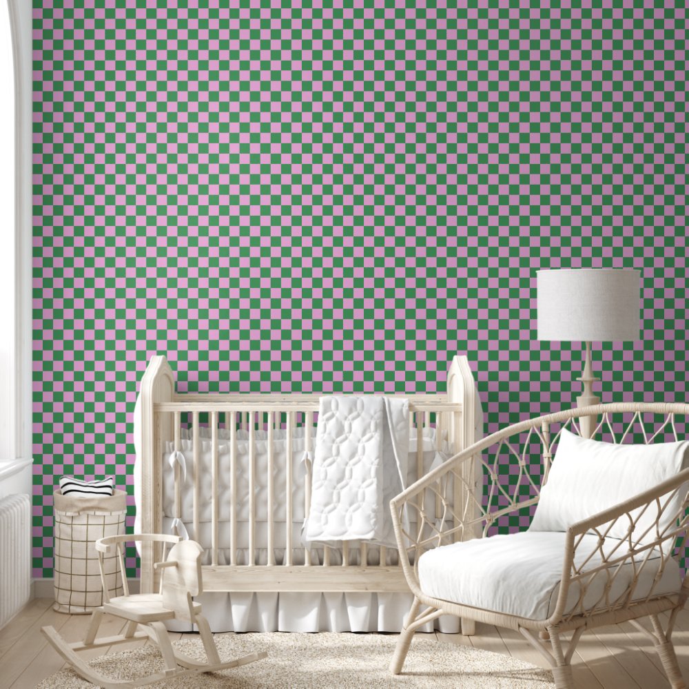 Preppy Retro Pink and Green Geometric Checkerboard Wallpaper