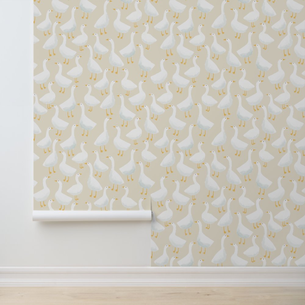 Whimsical Goose Pattern Soft Neutral Style Wallpaper