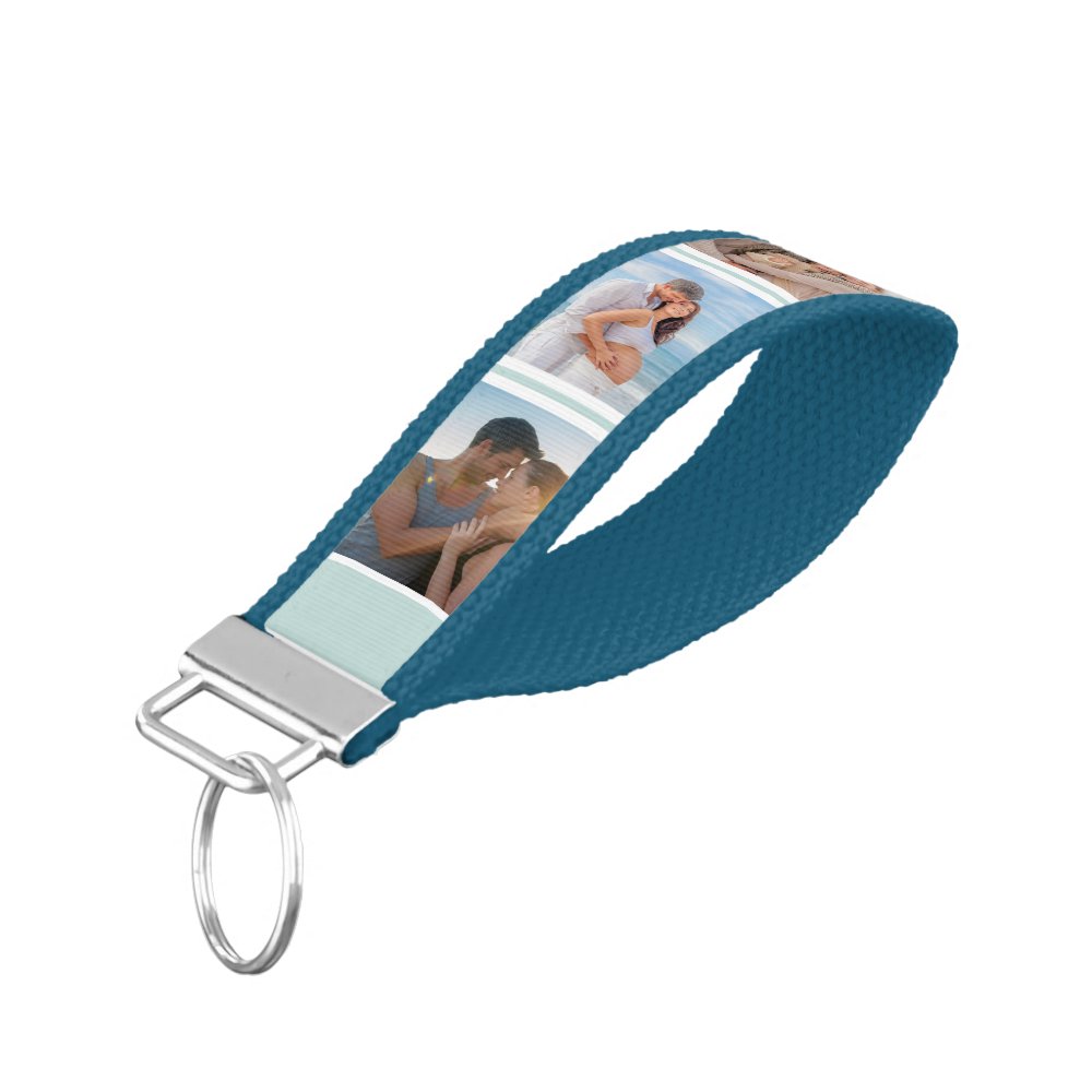 Personalized 6 Photo Collage Misty Blue Stripe Wrist Keychain