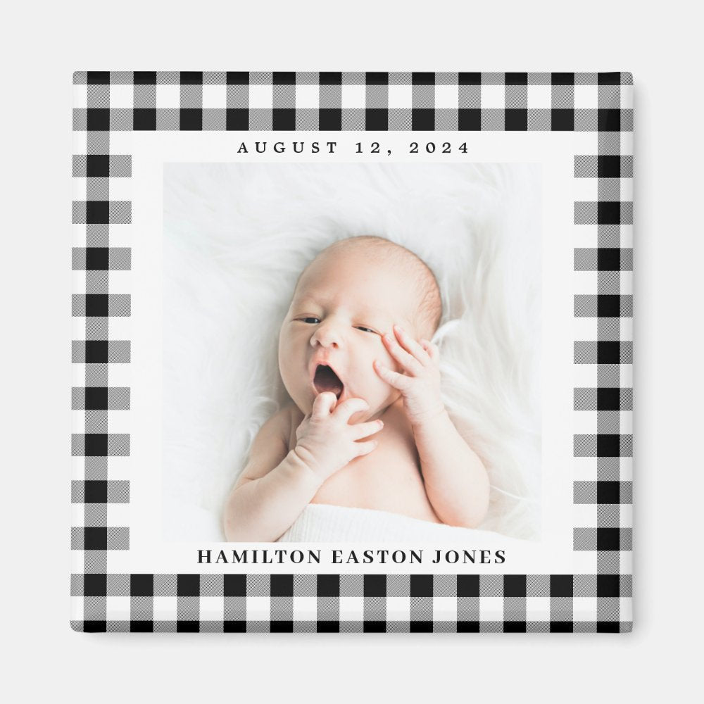 Black and White Gingham Check Baby Birthdate Magnet