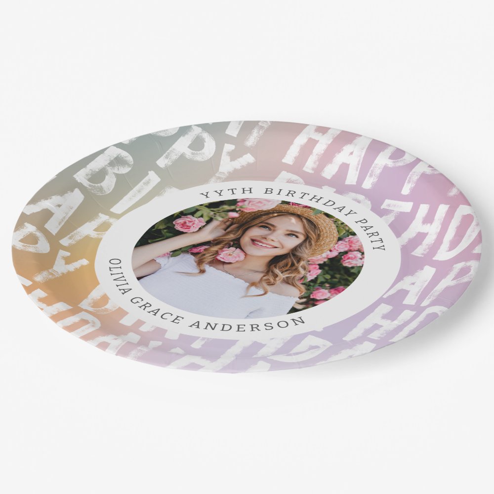 Modern pastel rainbow pink photo birthday party paper plates