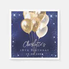 Birthday navy blue glitter gold balloons napkins