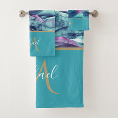 Turquoise Teal  Marble Agate & Monogram Bath Towel Set