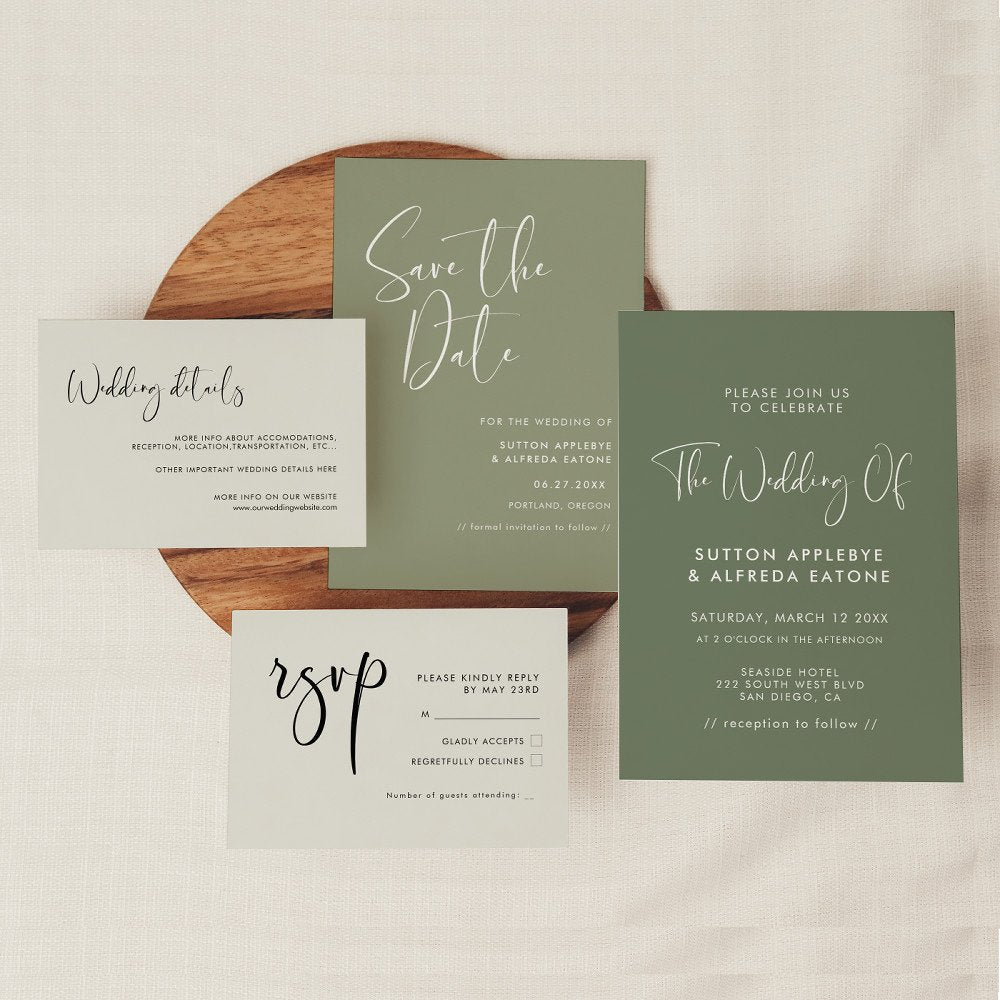 Elegant modern sage green wedding guest place card