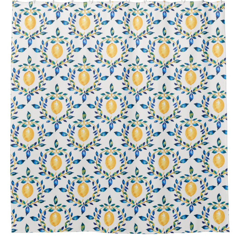 Mediterranean Blue and Yellow Lemon Botanical Shower Curtain