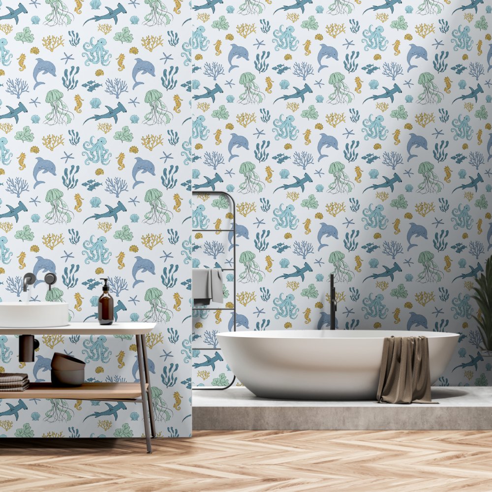 Blue Ocean Animals Boy's Room Wallpaper