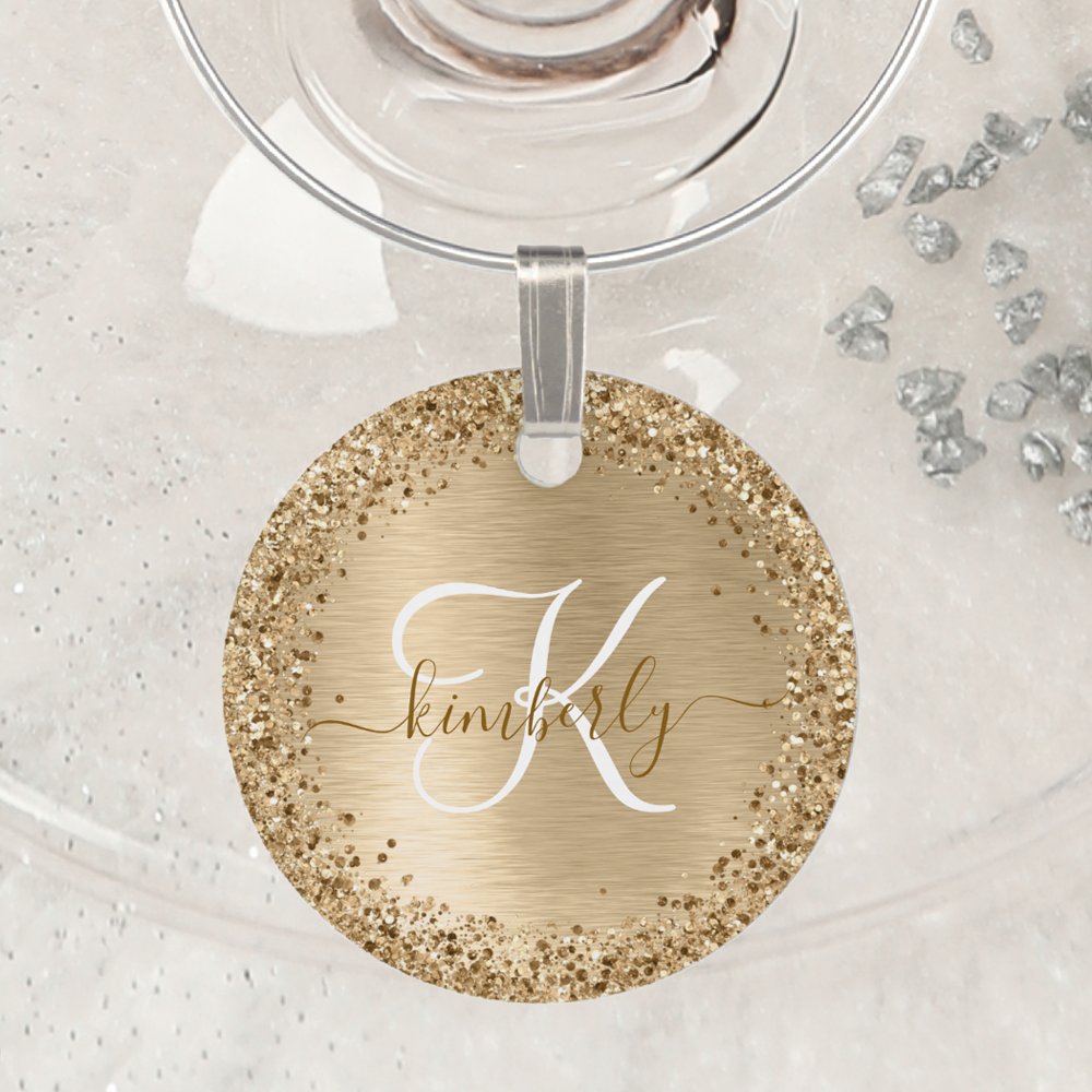 Faux Gold Brushed Metal Glitter Print Monogram Wine Charm