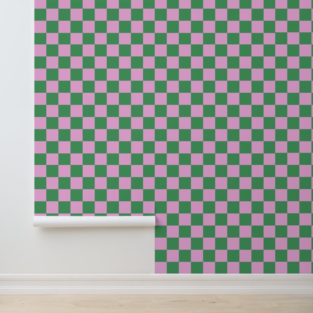 Preppy Retro Pink and Green Geometric Checkerboard Wallpaper