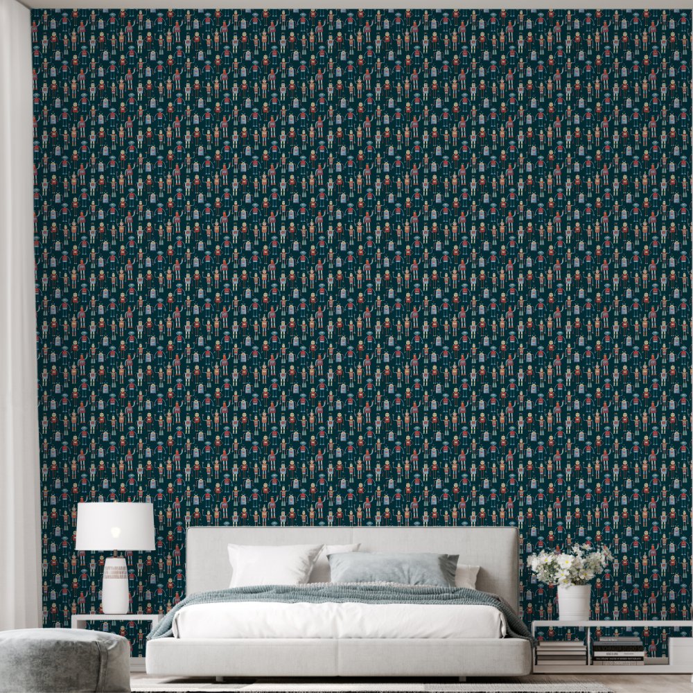 Fun Robot Pattern Teal Green Wallpaper