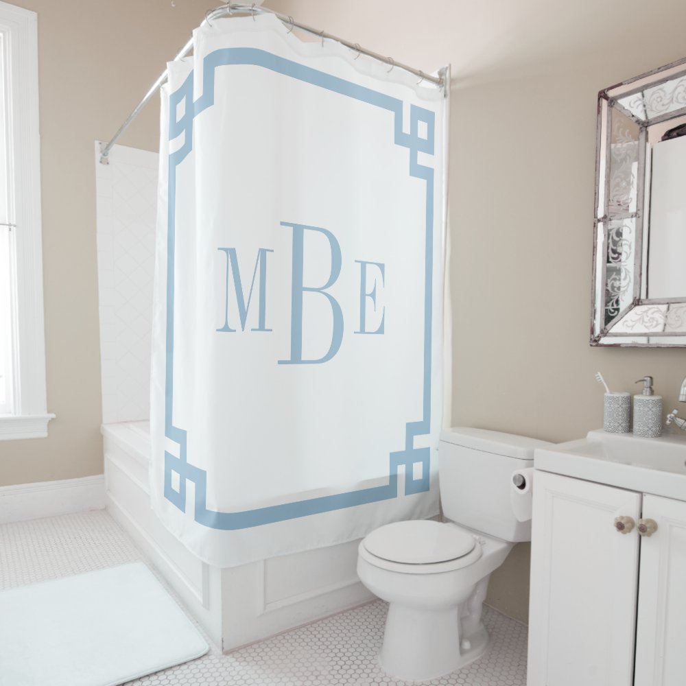 Sky Blue and White Greek Key | Monogrammed Shower Curtain